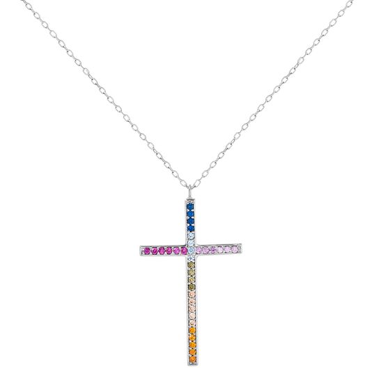 Picture of STERLING SILVER RHODIUM MULTI CZ CROSS ON 16 + 2 D/C CABLE CHAIN NECKLACE