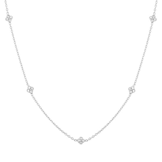 Picture of Sterling Silver Cubic Zirconia Clover Stations 24 Cable Chain Necklace
