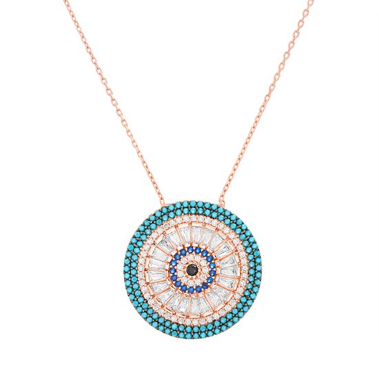 Picture of Sterling Silver Multi-Color Cubic Zirconia Evil Eye Pendant 18 Cable Chain Necklace