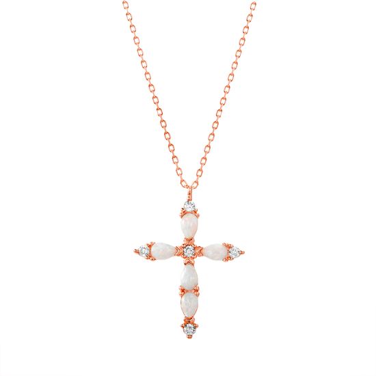 Picture of Sterling Silver CZ & White Opal Cross Pendant Cable Chain Necklace