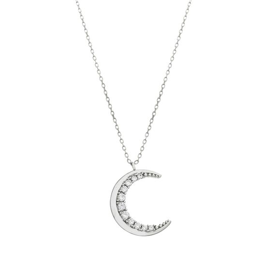Picture of Sterling Silver Cubic Zirconia Crescent Pendant Cable Chain Necklace