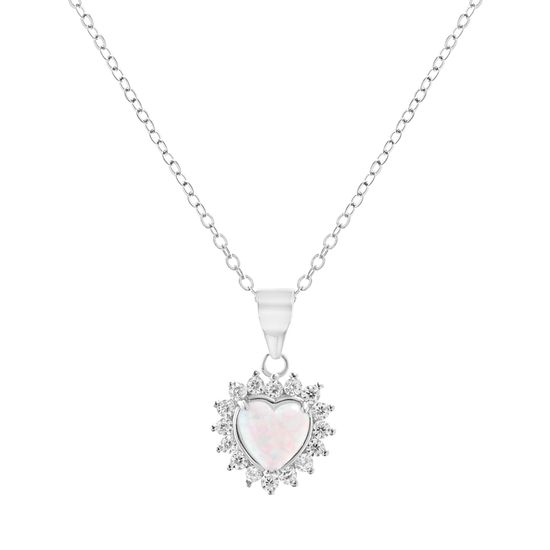 Picture of Sterling Silver White Opal Heart Shaped Pendant W/ Cz Border  Cable Chain Necklace