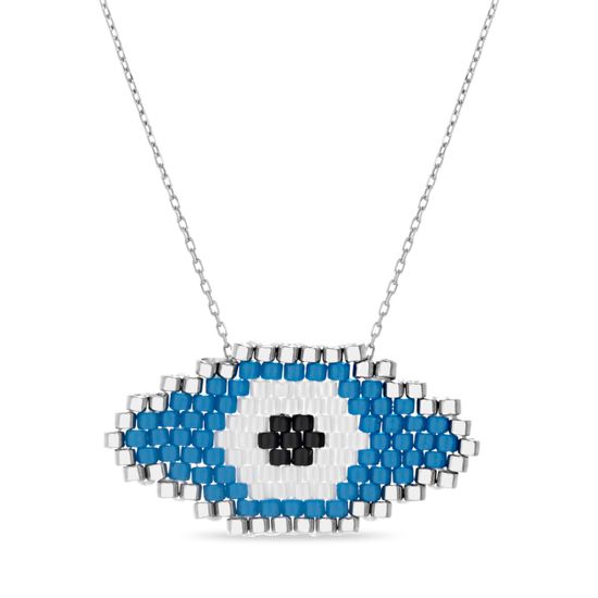 Imagen de Sterling Silver White & Blue Bead Evil Eye Pendant Cable Chain Necklace