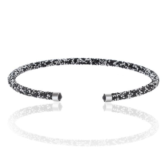 Imagen de Silver-Tone Brass Blacl & Mirror Silver Crystal Wrapped Open Collar Necklace