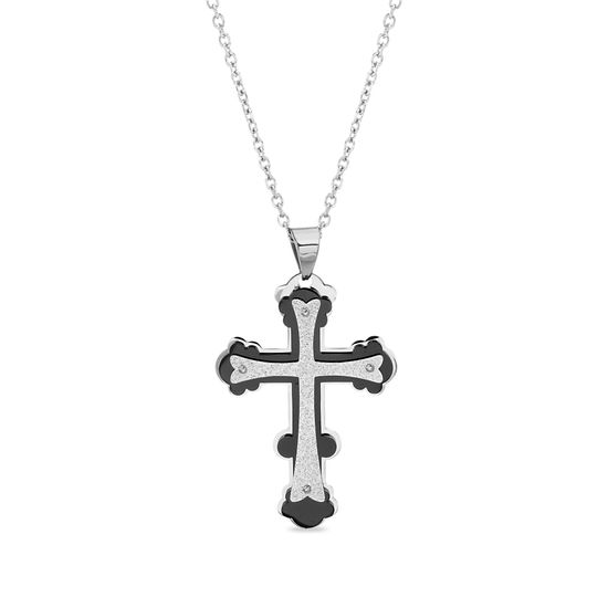 Imagen de Two-Tone Stainless Steel Men's Polish Black Triple Layered Cross Pendant Rolo Chain Necklace