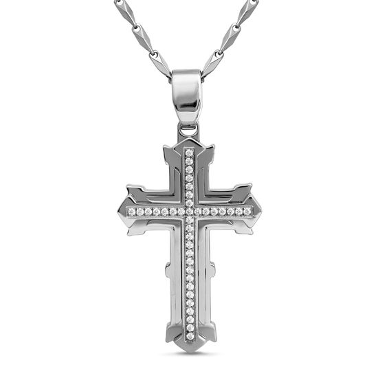 Picture of Silver-Tone Stainless Steel Men's 3D Cross with Center Cubic Zirconia Pendant Link Chain Necklace