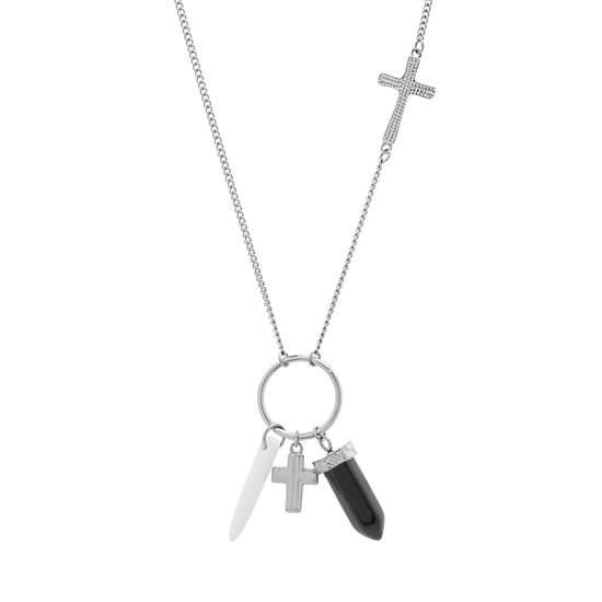 Imagen de STAINLESS STEEL CROSS STATION RING W/BLACK STONE& MARBLE SPIKE ON 16 +2 CABLE CHAIN NECKLACE