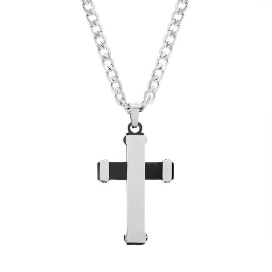 Picture of Two-Tone Stainless Steel Men's Black IP/Silver Cross Curb Chain Necklace
