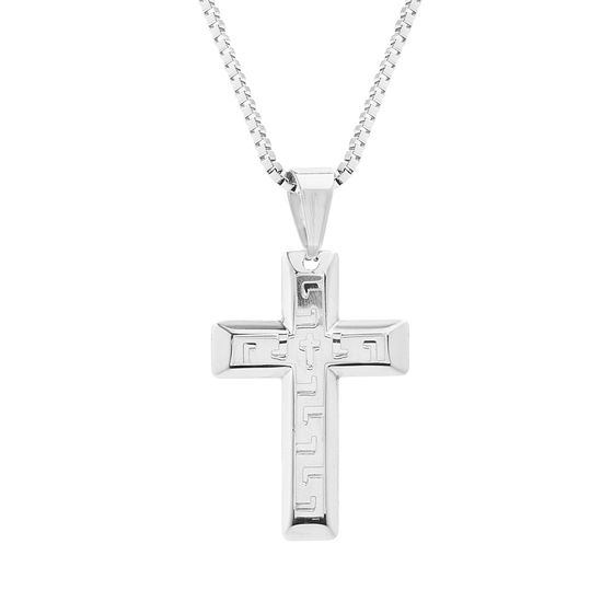Picture of Silver-Tone Stainless Steel Men's Cross Pendant 24 Box Chain Necklace