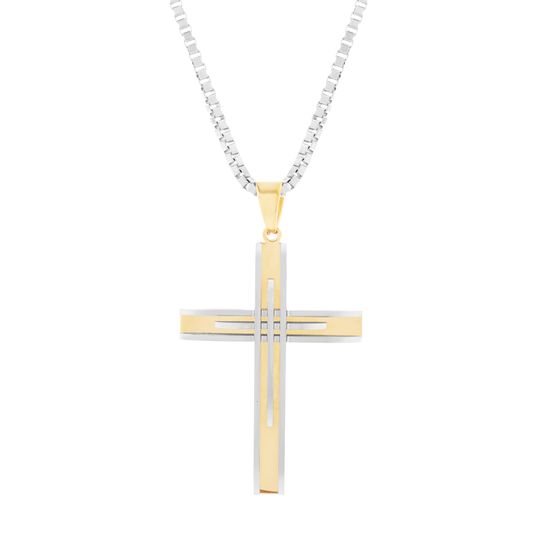 Picture of Two-Tone Stainless Steel Men's Cross Pendant 24 Box Chain Necklace