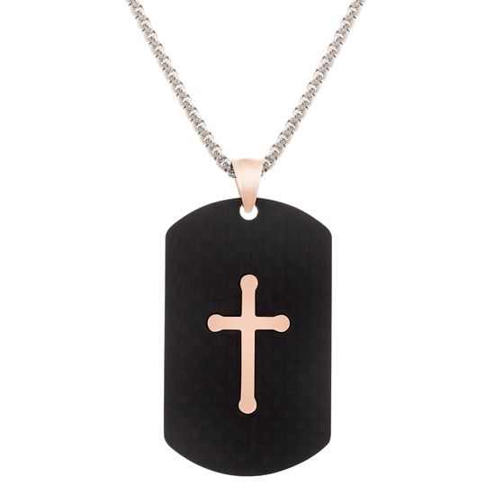 Picture of Two-Tone Stainless Steel Carbon Fiber Cross Dog tag Round Box Chain Necklace