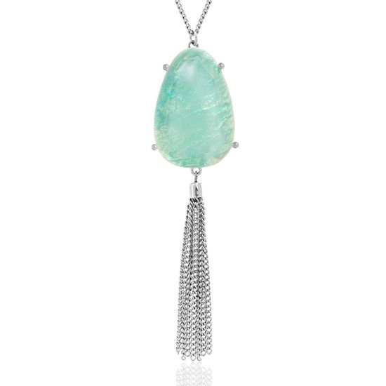 Picture of Silver-Tone Alloy Green Oval Acrylic Stone Pendant Dangling Chain Tassel Curb Chain Necklace