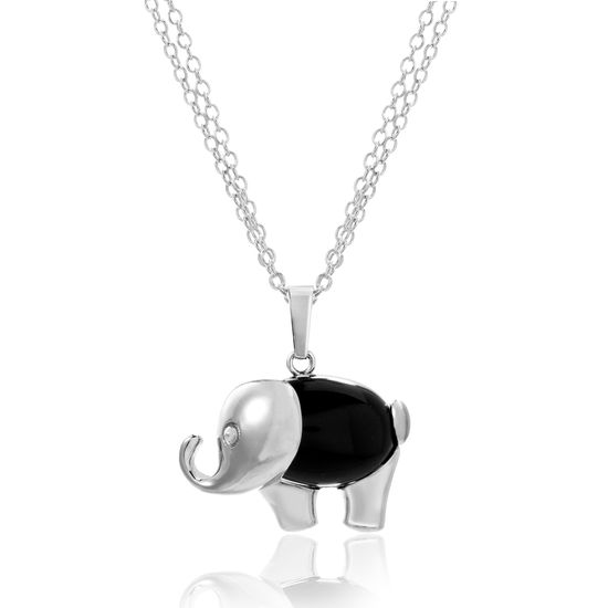 Picture of Silver-Tone Alloy Black Onyx Elephant Pendant Double Strand Rolo Chain Necklace