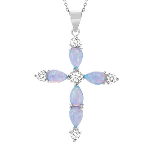 Picture of Sterling Silver Teardrop Blue Opal & CZ Cross Pendant On Cable Chain Necklace