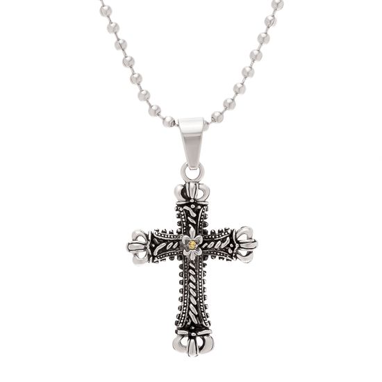 Picture of Silver-Tone Stainless Steel Cubic Zirconia Olive Cross Pendant