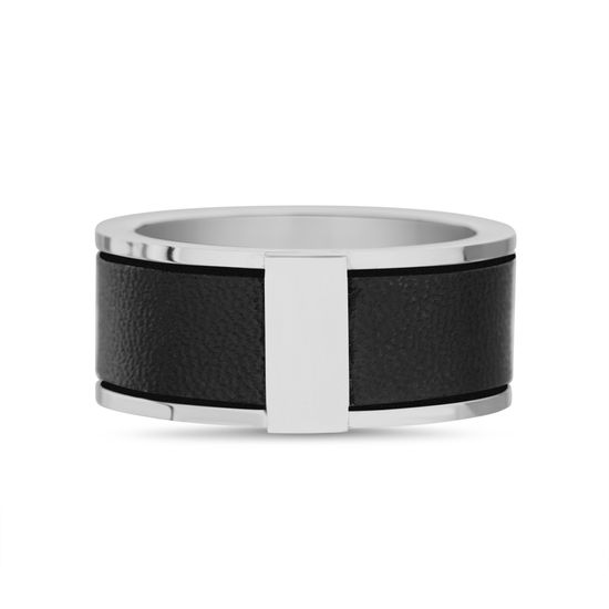 Imagen de Silver-Tone Stainless Steel Black Leather Single Vertical Stripe Band Ring Size 11