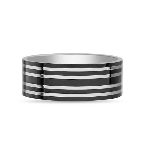 Imagen de Two Tone Black Stainless Steel Stripe Designs Ring Size 10