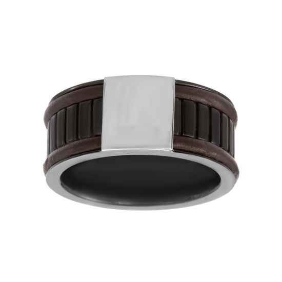 Imagen de Polished Bar with Brown Leather Border Eternity Ring in Two-Tone Stainless Steel