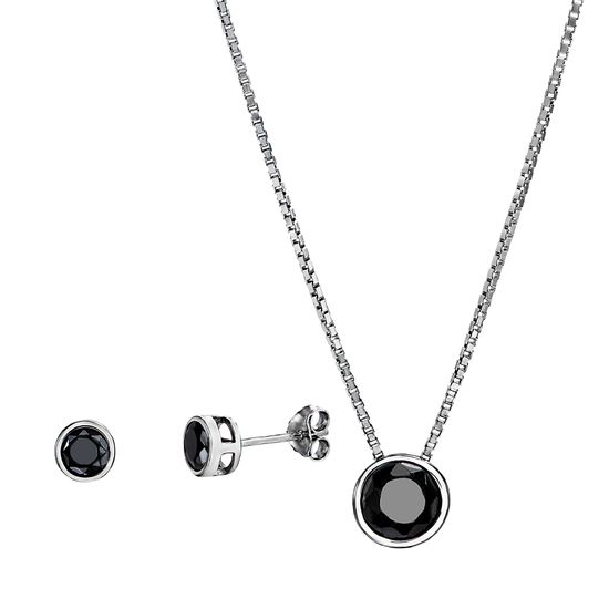 Picture of Black Cubic Zirconia Bezel Necklace and Earring Set in Sterling Silver