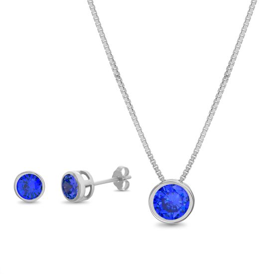 Imagen de Sapphire Blue Cubic Zirconia Bezel Necklace and Earring Set in Sterling Silver