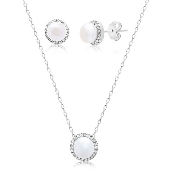 Imagen de Sterling Silver Cubic Zirconia and Freshwater Pearl Halo Pendant and Earring Set