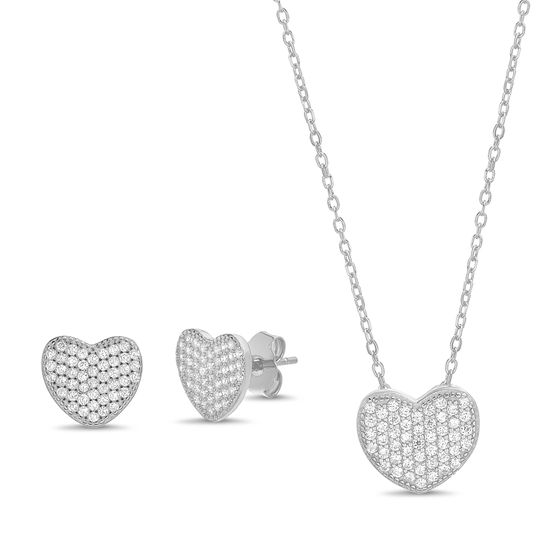 Picture of Sterling Silver Cubic Zirconia Pave Heart Pendant and Earring Set