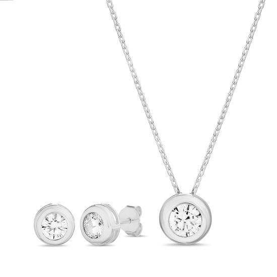 Imagen de Sterling Silver Cubic Zirconia Station Disc 16 Cable Chain Necklace and Earring Set