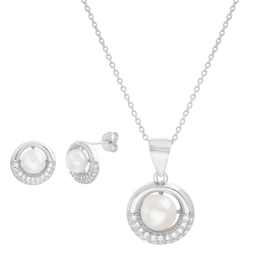 Picture of Sterling Silver Freshwater Pearl/Cubic Zirconia Circle Design Pendant Cable Chain Necklace and Post Earring Set