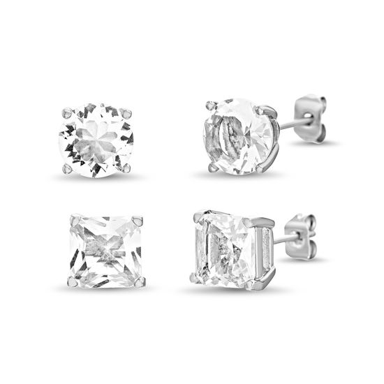 Imagen de Sterling Silver Cubic Zirconia 4 Prong Square/Circle Stud Post Earring Set