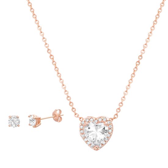 Picture of Brass Cubic Zirconia Heart Pendant Cable Chain Necklace & Earring Set