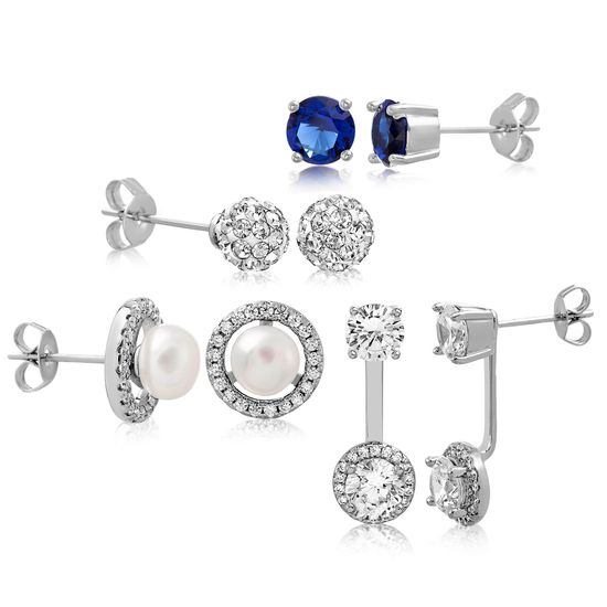 Picture of Silver-Tone Brass Freshwater Pearl Cubic Zirconia Fireball SPPR Stud Front to Back 4 Piece Earring Set