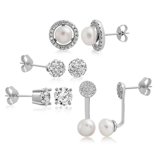 Picture of Silver-Tone Brass Freshwater Pearl Cubic Zirconia Fireball Stud Front to Back 4 Piece Earring Set