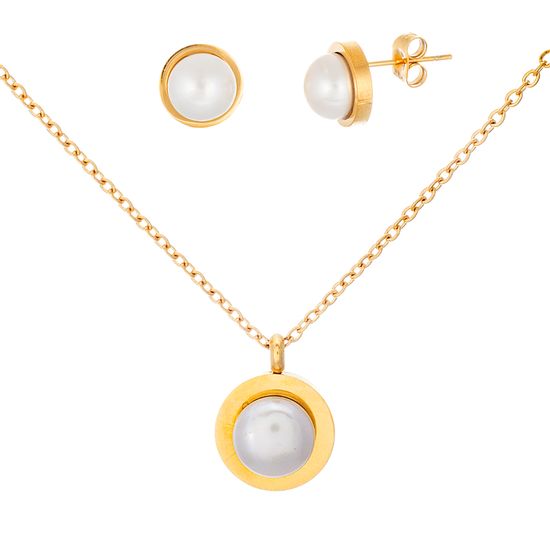 Imagen de Gold-Tone Stainless Steel Freshwater Pearl Polished Halo Necklace and Earring Set