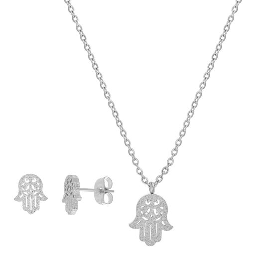 Picture of Silver-Tone Stainless Steel Glitter Hamsa Hand Pendant Cable Chain Necklace and Post Earring Set
