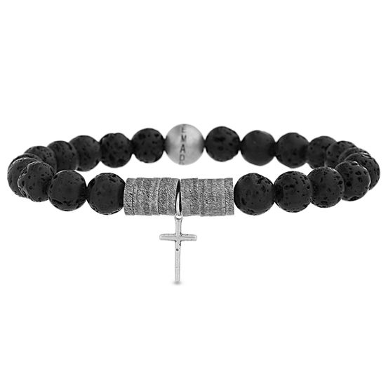 Picture of Steve Madden Silver-Tone Stainless Steel Mens Oxidized Cross Charm 7 Lava Bead Stretch Bracelet