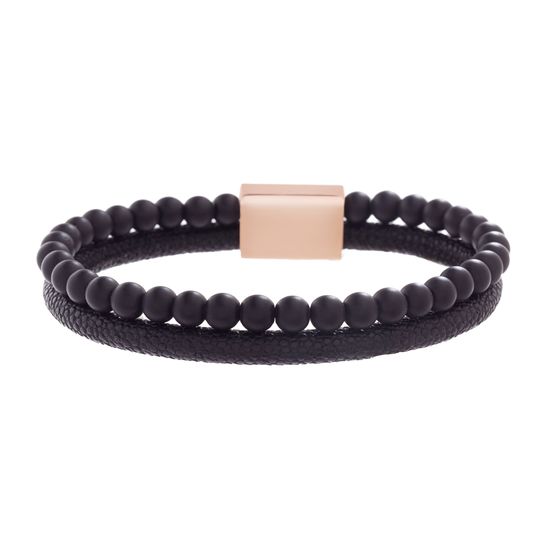 Picture of Steve Madden Men's Black Bead and Faux Leather Double Band Bracelet in Rose IP Stainless Steel
