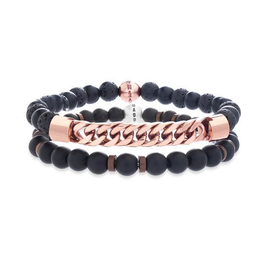 Picture of Steve Madden Rose-Tone Stainless Steel Men's Lava Stone Beads Curb Chain Bracelet