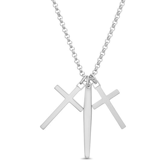 Picture of Steve Madden 28" Oxidized Stainless Steel Two-Tone Cross and Bar Trio Cross Pendant Necklace for Men
