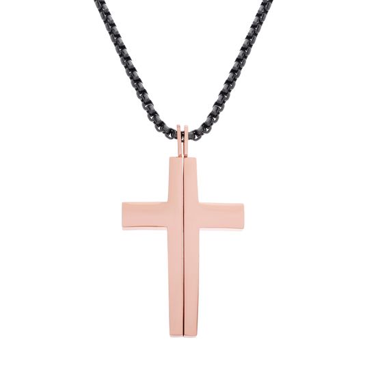 Picture of Steve Madden Silver-Tone Stainless Steel Men's Oxidized Splitting Cross Pendant 28 Boxed Rolo Chain Necklace