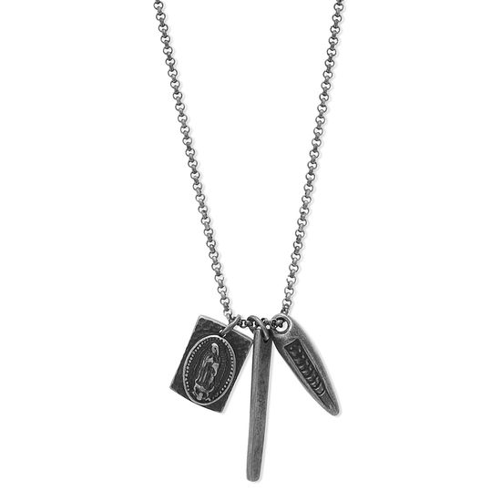 Picture of Steve Madden Burnished Silver-Tone Stainless Steel Men's Spike/Long Stick/Rectangle Religious Charms Rolo Chain Necklace
