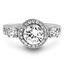 Picture of Round Halo Three Stone Cubic Zirconia Engagement Ring in Rhodium over Brass Size 6